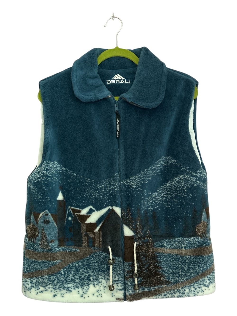 Vintage Denali Graphic Fleece Vest Winter Village Mountain Blue Size Large